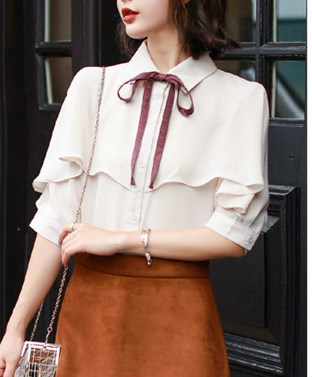 シフォン ブラウス フリルブラウス リボンモチーフ ベージュ トップス シャツ レトロガール 半袖 七分袖 春服 夏服 秋服 韓国 ファッション E0043 Aeka Clothet
