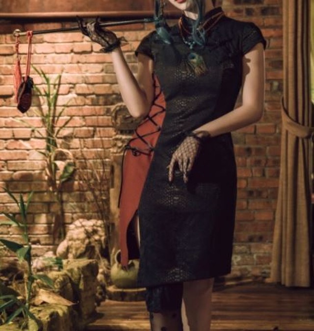 チャイナドレス ワンピース ブラック プリント ウロコ 鱗 龍 ドラゴン ミディアム レースアップ セクシー ハイネック 華ロリ 中国風 チャイナ バイカラー タイト エレガント きれいめ 大きいサイズ サイズ豊富 撮影 ゴスロリ ロリータファッション Loli3762 Luxury