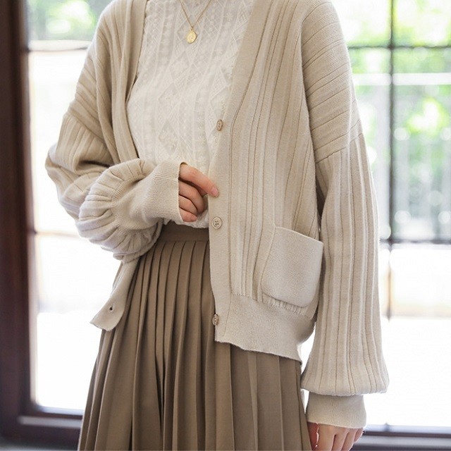 人気 売れ筋 春物 カーディガン リブ ニット ニットカーデ ゆったり ショート丈 ガーリー カジュアル 定番 人気 Hf Haru Foo