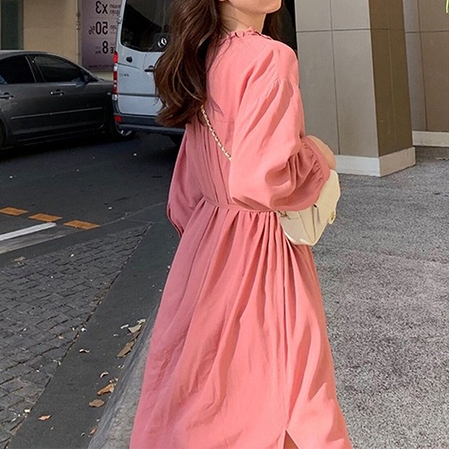 シャツワンピース ワンピース レディース ロング シャツワンピ 40代 50代 30代 代 スリット 七分袖 通勤 無地 フリル デート 大人 可愛い Dress No Sato