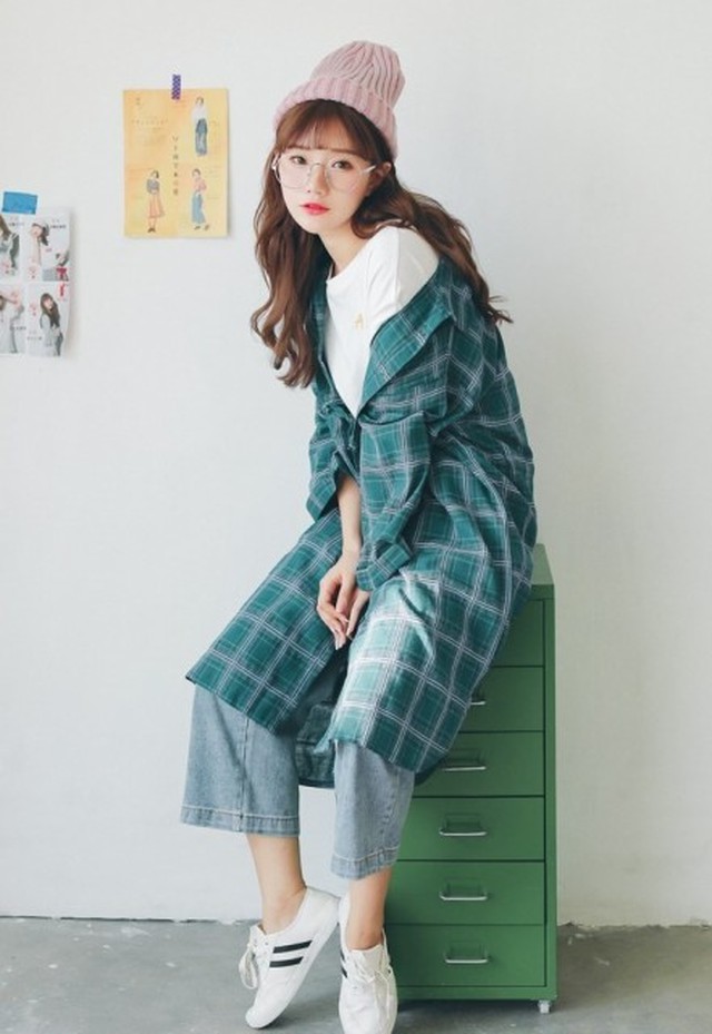 シャツワンピース レディース ロングシャツ チェック 長袖 膝丈 ロングカーディガン コットン 黄色 赤 緑 白 全4色 秋 新作 A Otb Closet