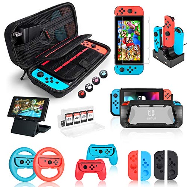 Jpcs Nintendo Switch対応 Switch用ケース 18in1 セット ニンテンドースイッチ カバー 収納保護ケース Tpu保護ケース コンパクトプレイスタンド Switchゲームカードケース Joy Con充電グリップ 4個親指キャップ 4個joy Con シリコンケース 2個joy Conハンドル 2個joy