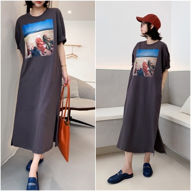 送料無料 3色 グラフィックtシャツワンピース 半袖ワンピース Tシャツワンピース 半袖 ロングワンピース ロング丈 マキシワンピース マキシ丈 コットンワンピース コットン Cotton 薄手 スリット スリット入りワンピース Iライン オーバーサイズ ビッグシルエット