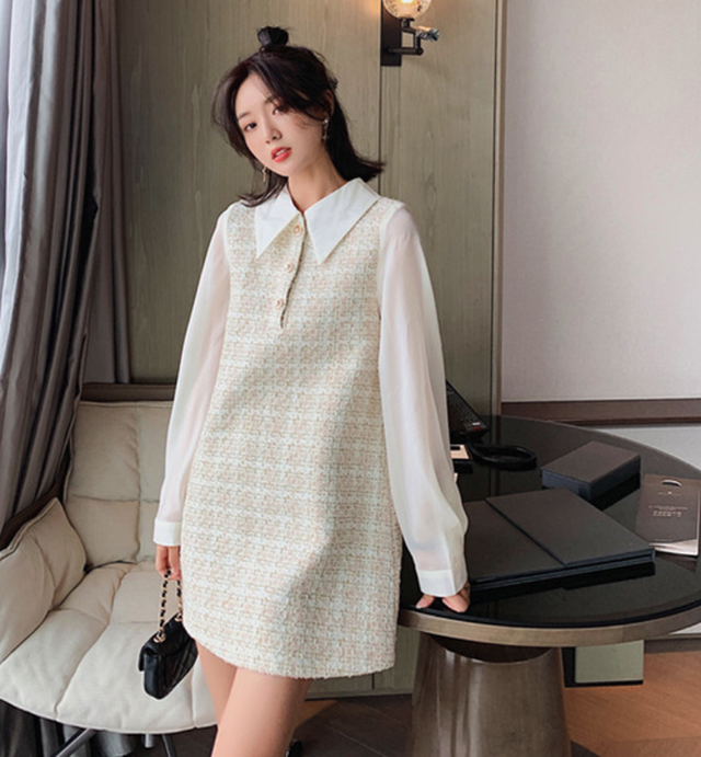 ツイードワンピ ツイード ワンピース ツイードワンピース ペールトーン 長袖 ミニ丈 膝上丈 アプリコット チェック 格子柄 異素材ミックス セットアップ風 白襟 透け袖 ボタン ストレートシルエット Aライン すとんと 華やか かわいい フェミニン カジュアル 大人かわいい