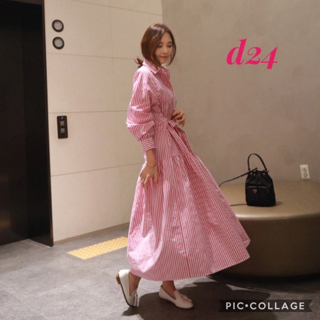 D24 新品 送料無料 レディース 春夏 綿 ストライプ シャツ ロング ワンピース 長袖 シャツワンピ ゆったり ベルト 赤 レッド Hihaho Company リネン コットン素材のゆったりとしたレディースウェアのお店