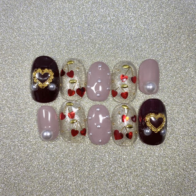 ネイルチップ さくらんぼネイル 秋ネイル Pononail