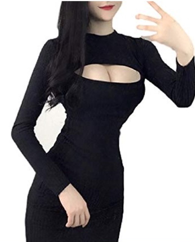 Coco Yuka 胸元 セクシー ミニ ワンピース タイト 胸 あき 開き ニット 長袖 谷間 ボディコン 過激 ブラック L Toutoua