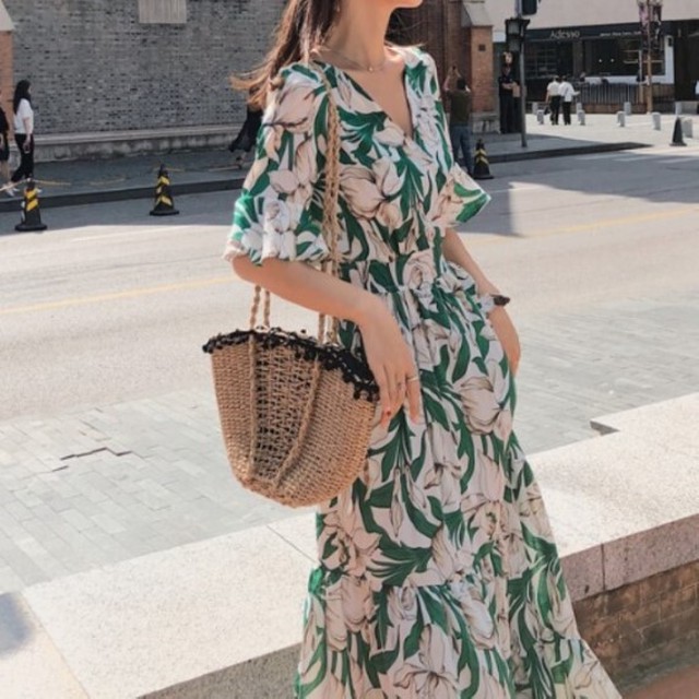 ワンピース 花柄 ロング フレア レッド グリーン ブラック 大人きれい お出かけ Virtue