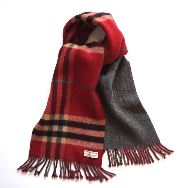 Scotland製 Burberry メリノウール カシミヤ リバーシブルマフラー ディープレッド グレー 150cm バーバリー スカーフ Magnolia Webstore