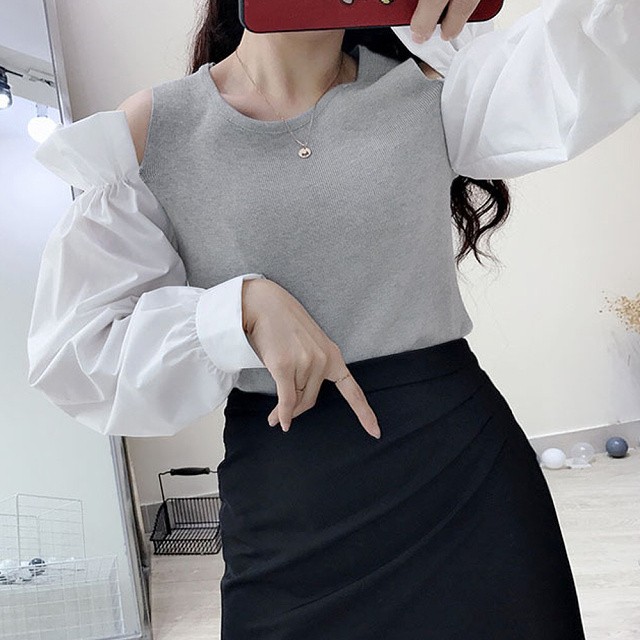 即納 ニット 肩出し トップス 長袖 ボリューム袖 ラウンドネック バルーンスリーブ パフスリーブ フリル オフショルダー プルオーバー カットソー ニットソー レディース 黒 ブラック グレー ピンク Ns 0515 Daily Closet