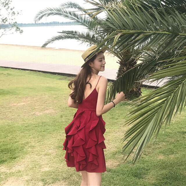 ワンピースドレス ノースリーブ ロング丈 フリル 肌見せ 無地 大人可愛い セクシー フェミニン エレガント お呼ばれ お出かけ デート リゾート 夏 赤 Evergreen