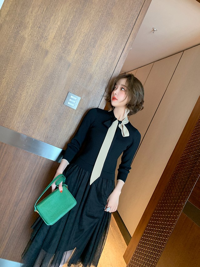 ワンピース 2ピース風 ボウタイ ニット メッシュ 異素材ミックス 七分袖 ミドル丈 アシンメトリー カジュアル ブラック お出かけ ショッピング おしゃれ かわいい 韓国 韓国ファッション オルチャン オルチャンファッション P1137 Korean Select 韓国ファッション