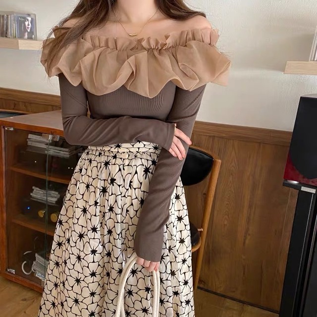flare shoulder brown tops