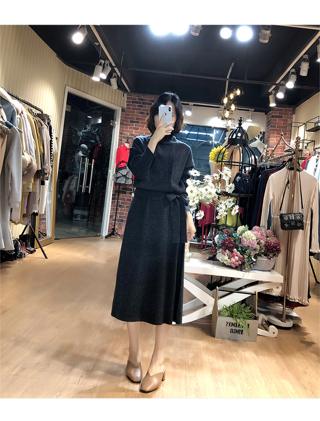 ワンピース ニットワンピース ひざ下丈 タートルネック ウエストマーク リボン Iライン 長袖 体型カバー ゆったり ベーシック カジュアル シンプル 秋冬 オフィス ママ 40代 グレー ｂｌａｎｋ ｎｏｉｒ