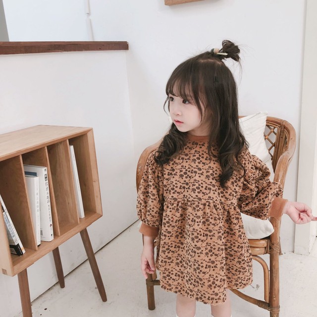 Xiaoqing X0019 小花柄ワンピース 子供服 女の子 ワンピース キッズ ワンピース 女の子 長袖ワンピース キッズ 服 女の子 ワンピース 茶色 19新作ドレス Onlythebestオンリーザベスト