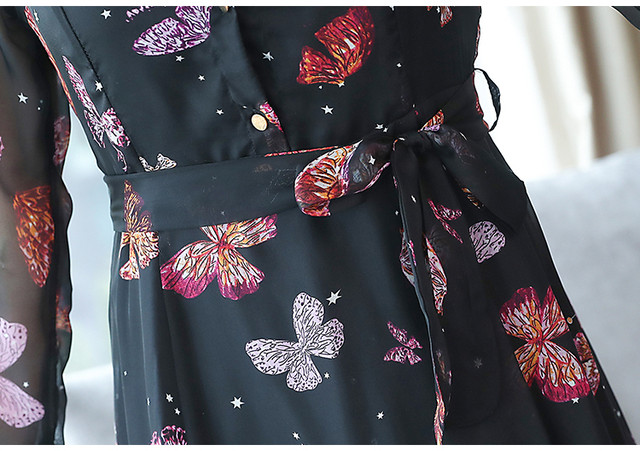 夜空のバタフライ ワンピース 蝶柄 バタフライ シースルー 長袖 レディース 透け感 春 ワンピ デート 星柄 ベルト付き Cnalba0335 Bouquet
