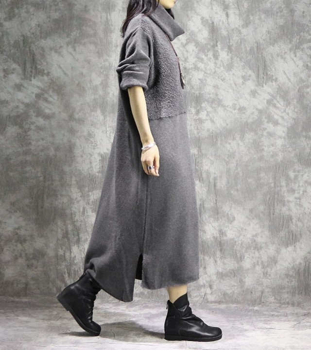 ミセス ワンピース タートルワンピ ゆったりサイズ ロングワンピ 秋冬 体型カバー 40代 50代 60代 ロング丈 ワンピ 長袖 グレー K0609 Shopmall To You