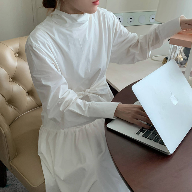 リボンワンピース スタンドカラー アレンジ自由 ロング丈 無地 長袖 体型カバー シンプル 春コーデ 春 秋 大人 デート 旅行 韓国 韓国ファッション オルチャン 可愛い おしゃれ レディース Fa872 Musubi Me 韓国 オルチャン レディースファッションのお店