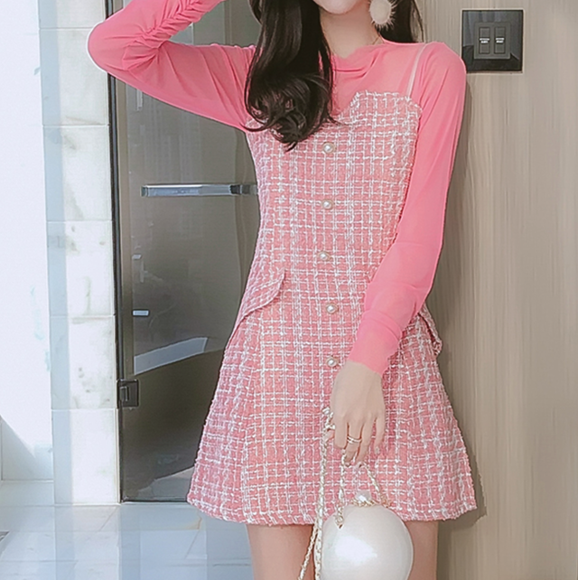 ジャンパースカート ツイード ミニ丈 キャミソール ピンク ブラック ボタン ウエストシェイプ かわいい カジュアル 華やか シック フェミニン 大人可愛い 通学 女子会 デート お出かけ 秋冬 レディース ツイード専門店 ツイーニー Tweenee