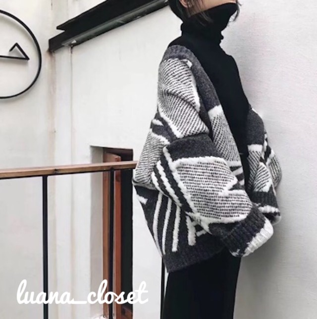 １部即納品 幾何学柄 ニット カーディガン Luanacloset トレンド プチプラ アパレル
