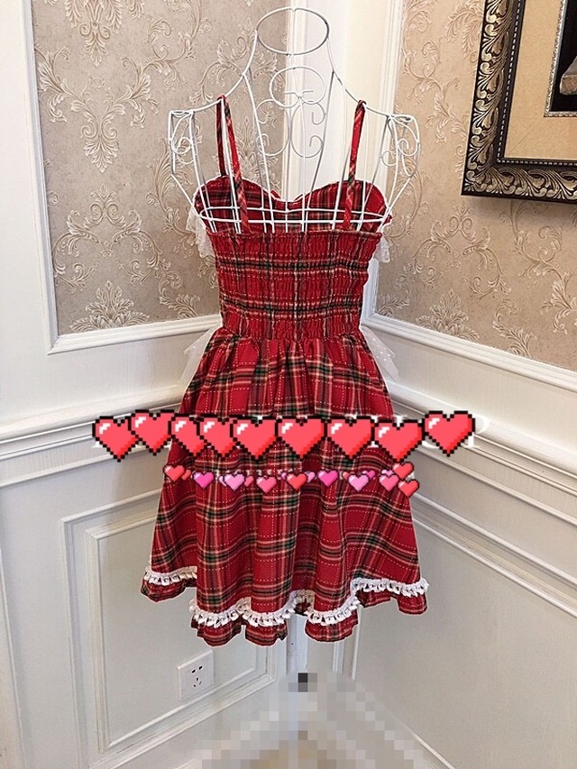 わずか ギンガムチェック 赤 リボン キャミソール ワンピース ミニスカート フリル ガーリー 姫 ロリータ セクシー Loveysmileshop