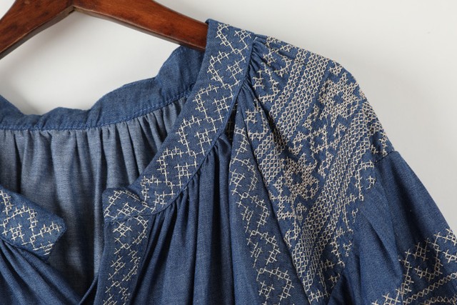 2色展開 刺繍 ワンピース パフスリーブ ワンピース ナチュラル ワンピース デニムワンピース リンネル系 森ガール ワンピース ゆったり 大きいサイズ ワンピース シャツワンピース ロングシャツ 刺繍 刺しゅう ワンピース レトロ 193 470 Valentina210