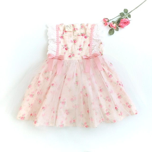 仕立屋コラボ ツインリボン ワンピース くすみピンク ホワイトチュールワンピース Heart Spring スモッキングワンピースと可愛い子供服