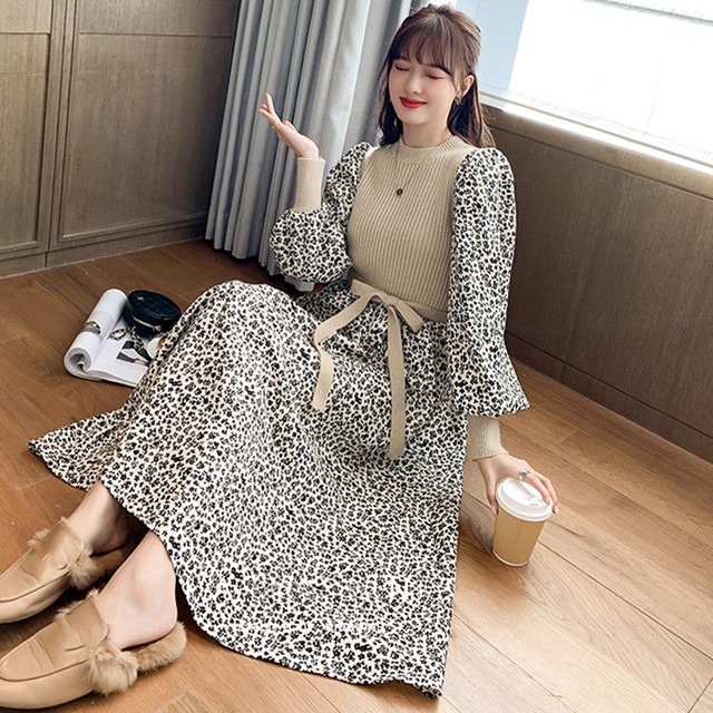 大人ワンピース通勤 ロングワンピース きれいめワンピ新作 異素材 ワンピース レディース 花柄ワンピ ロング丈 ドッキングワンピース 長袖 ニットワンピ 異素材 ワンピース レディース 花柄ワンピ ロング丈 ドッキングワンピース 長袖 ニットワンピネット通販 購入 激安