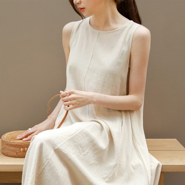 ノースリーブ ルーズフィット ワンピース レディース サマーワンピ ベージュ 夏服 袖なし マキシ丈 白系ワンピース 上品 きれいめ Rx0524 Raxia