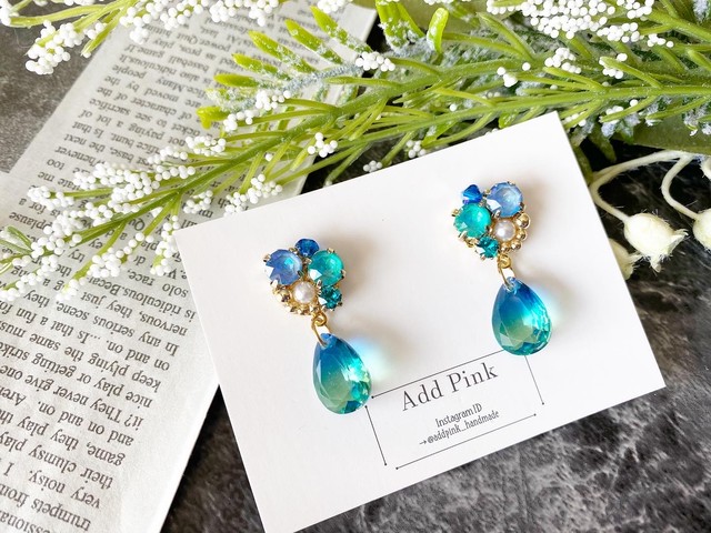 ブルー スワロフスキー ガラス グラデーション ピアス イヤリング Add Pink