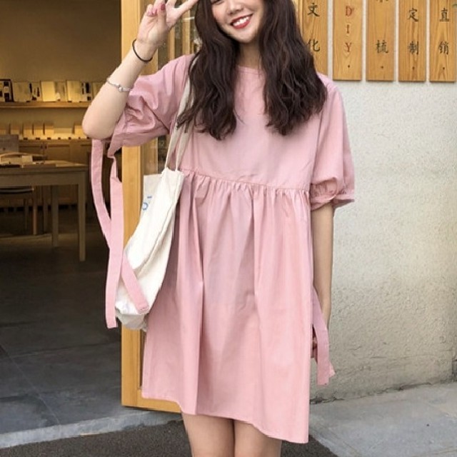 ふんわり ブラウス チュニック パフスリーブ 5分袖 リボン ワンピース Bringhappiness