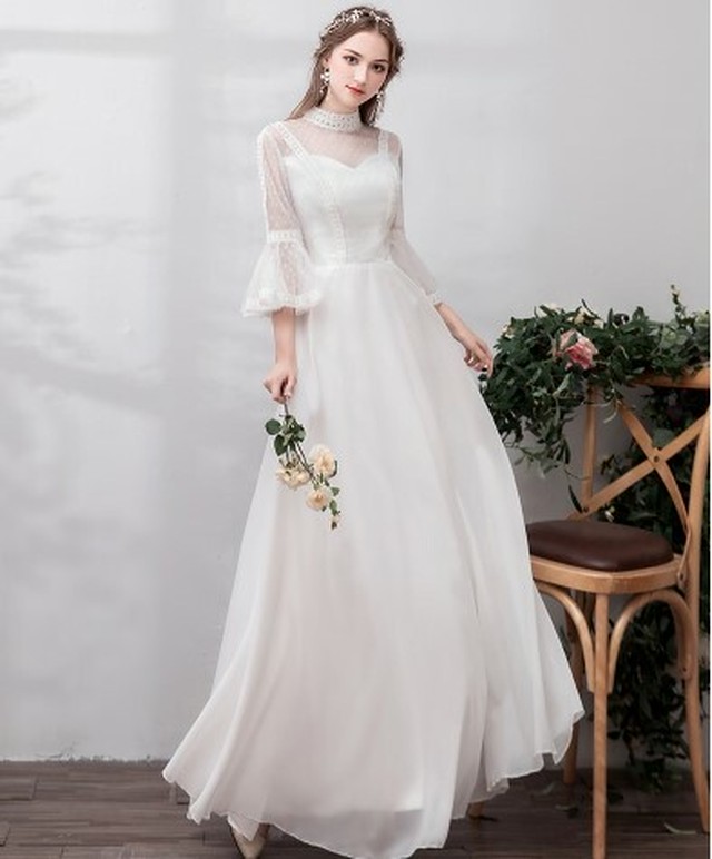 ウエディングドレス ホワイト ロング 7分袖 エレガント クラシカル 細見えシルエット ファスナーです 美品 Cinderelladress