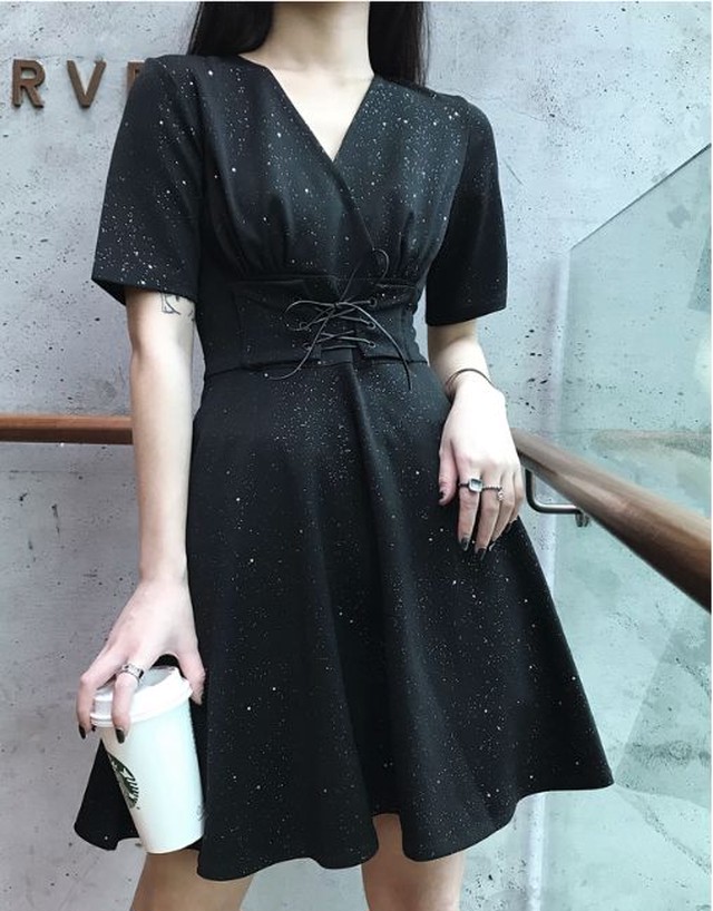 パーティードレス 黒 Aライン ワンピース ミニ丈 韓国 ファッション レディース Vネック ハイウエスト 半袖 Jm54 Dress No Sato