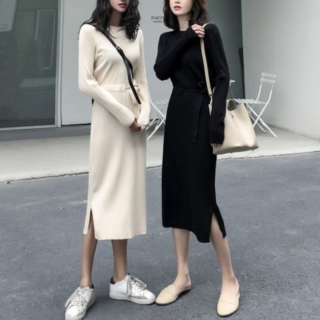 レディース ワンピース 春 夏 秋 冬 長袖 タートルネック ロング丈 ベルト スリッド リブ ニット ワンピース シンプル 大人可愛い カジュアル おしゃれ 大人可愛い お出かけ デート 通学 キャンパス 通勤 オフィス 学生 旅行 女子会 普段着 トレンド 韓国 ホワイト