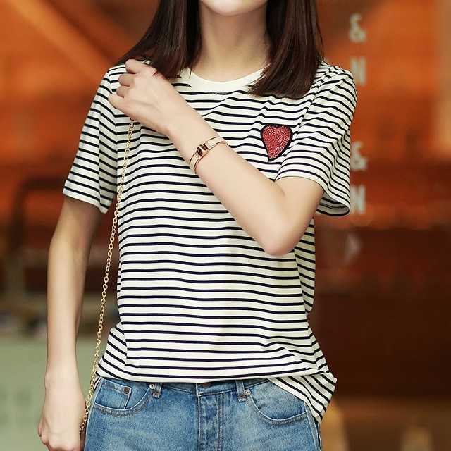 ハート ビーズ 刺繍 ボーダー Tシャツ 半袖 レディース Aeka Clothet