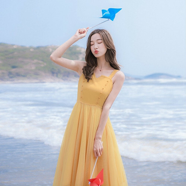 リゾート イエロー ワンピース フレア トレンド デート 上品 可愛い ガーリー フェミニン シフォン w431 Bshop