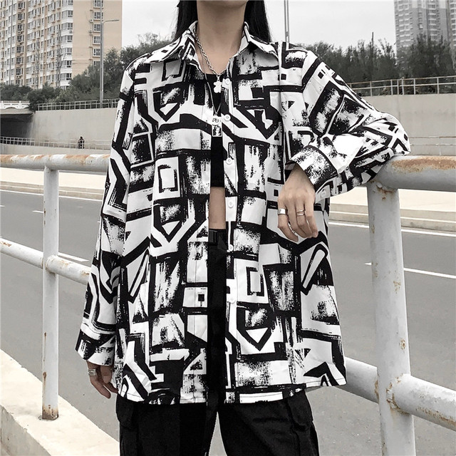 モノトーン 韓国ファッション 落書き 長袖 シャツ レディース服 白黒 トップス ストリート Deshon