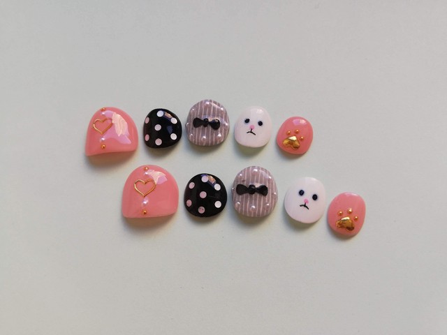 ジュニアサイズ 6歳 小1 ネコ 可愛い ピンク リボン ドット パール お出かけ 親子 お揃い On Nail