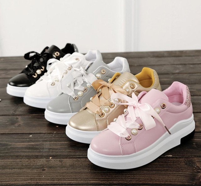 予約商品 リボン シューレース パールつき 厚底 スニーカー グレー ３６ ４２ 101e 1125select