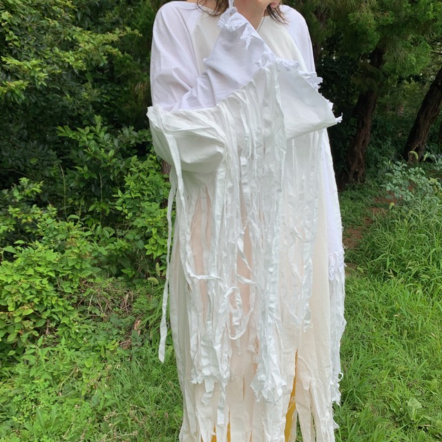 Cotton Fringe Long Dress Hand Made White ロングドレス ドレス ワンピース 白 ホワイト ハンドメイド ヴィンテージ フリンジ コットン ロングワンピース 古着 No Sign