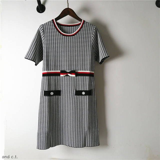 ワンピース ラウンドネック 半袖 ショート丈 千鳥格子 エレガント 春夏 お出かけ お呼ばれ レトロ And C T アンドシーティー 大人可愛い トレンド専門店