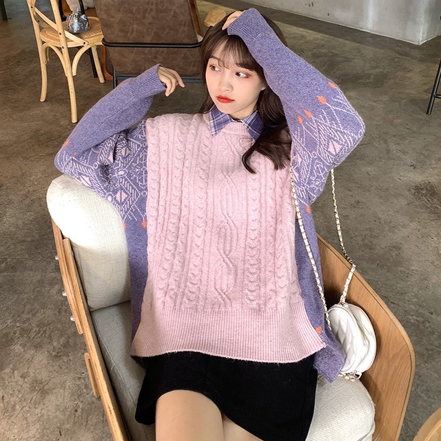 ヴィンテージ風 バイカラー ニット セーター カジュアル フェミニン 個性派 レディース トップス オルチャン 秋冬 長袖 10代 代 30代 Ptnym2499 Shop Suba