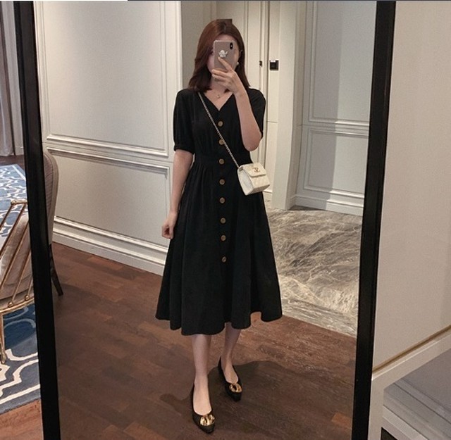 ワンピース レディース きれいめ 上品 夏服 カジュアル 通勤 ミディ丈 Vネック 半袖 Aライン 前開きボタン ポケット付き Dailymode11