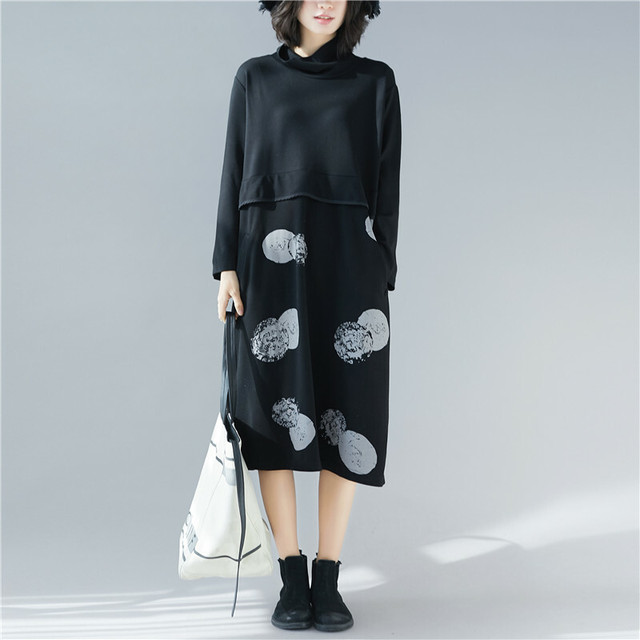 ワンピース ひざ丈 長袖 体型カバー タートルネック クラゲ柄 個性的 カジュアル シンプル 秋冬 Lifenity