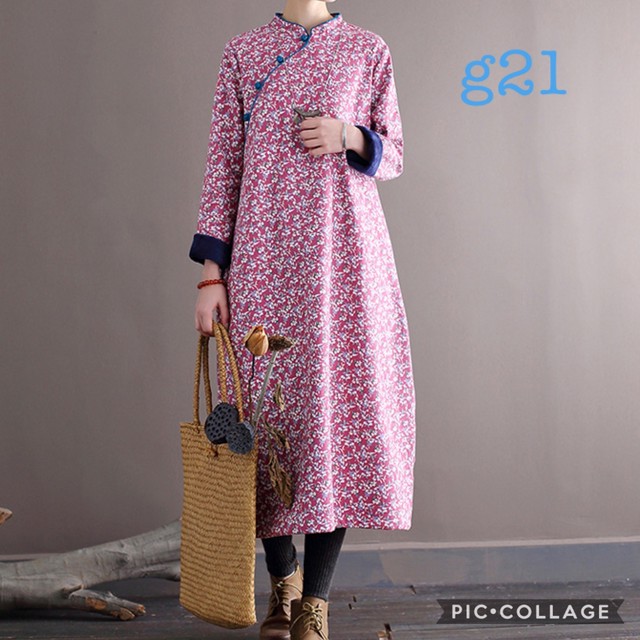 G G21 新品 送料無料 レディース 冬 ロング ワンピース アジアン 花柄 防寒 長袖 着痩せ 小花柄 アジアン 裏起毛 ブルー 水色 ピンク Hihaho Company リネン コットン素材のゆったりとしたレディースウェアのお店