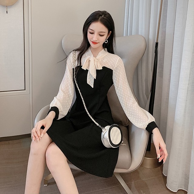 31 即納 リボンバイカラーワンピース 長袖シフォンシースルー量産系 Evelyn系リズリサ系ankrouge系 Dolceribbon