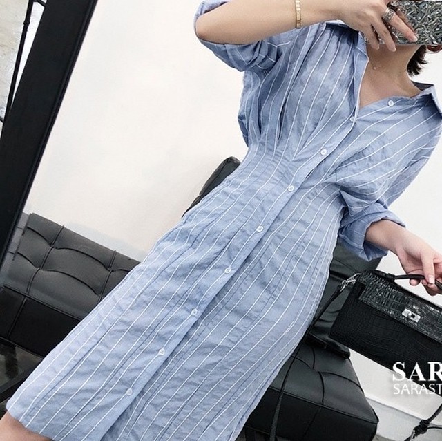 シャツワンピース コットン 襟付き ひざ丈 五分袖 ゆったり 大人可愛い 春夏 ストライプ柄 トレンド ブルー 10代 代 30代 お出かけ デート カジュアル 清楚 清潔感 つらら商店