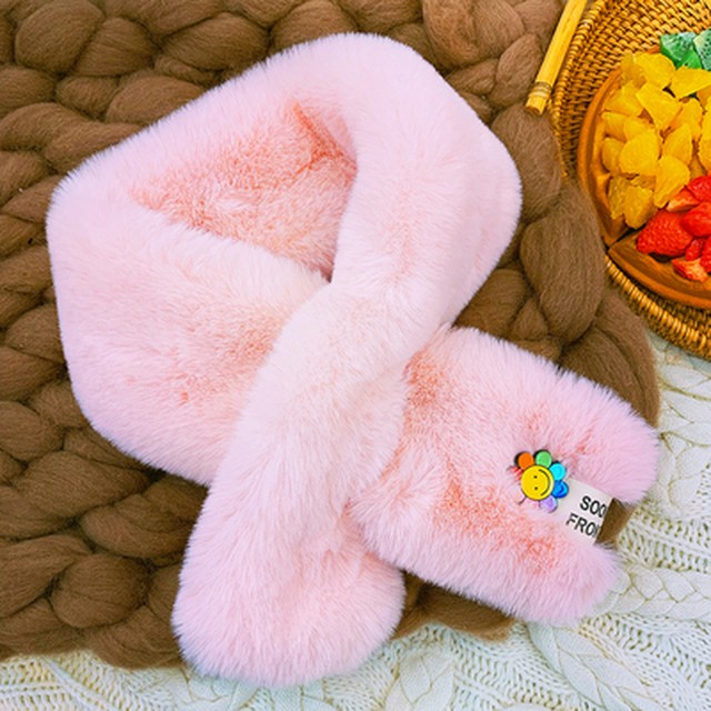 フラワーイラスト フェイクファー ティペット マフラー ラテカラー もこもこ ふわふわ 暖かい 無地 カジュアル 大人かわいい レディース Sunrise0911