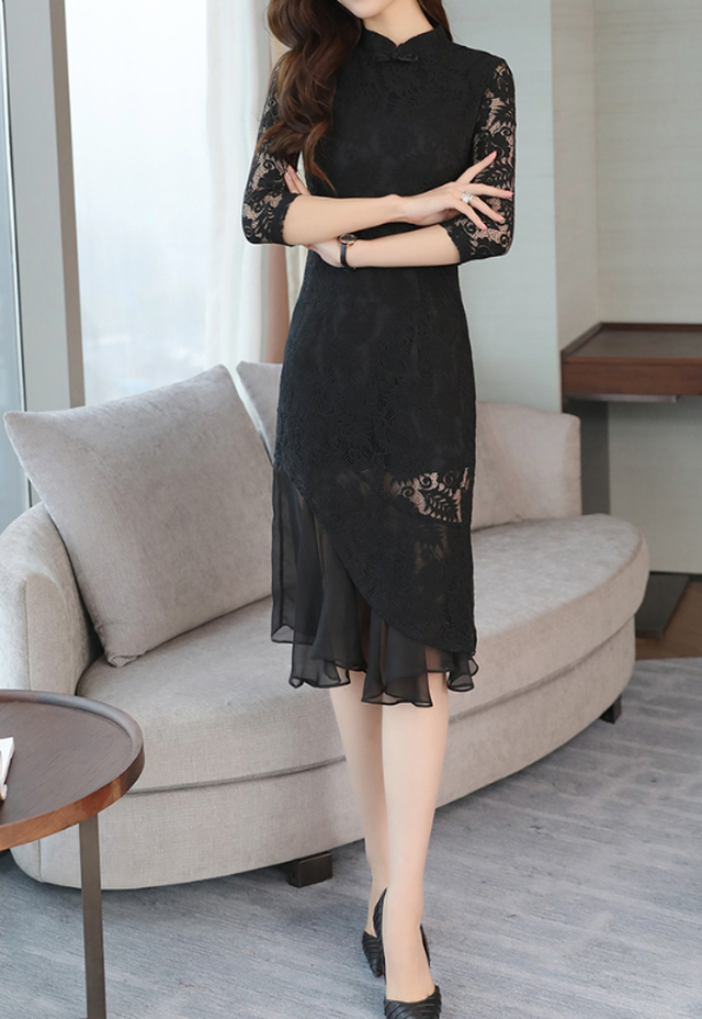 パーティードレス チャイナ風 総レースワンピース セクシー エレガント 上品 フェミニン 大人 黒 赤 グリーン 春秋夏 シースルー Prism One プリズム ワン