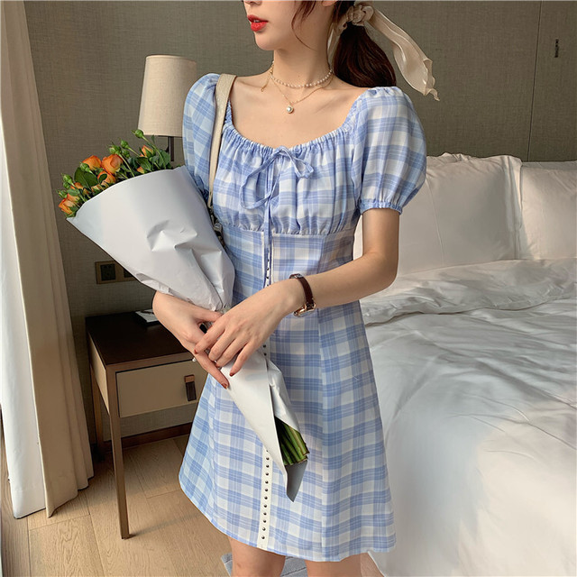 パフスリーブワンピース ワンピース 半袖 チェック柄 パフスリーブ フェミニン 夏 デート 女子会 韓国 オルチャン 韓国レディースファッション通販 ポワン